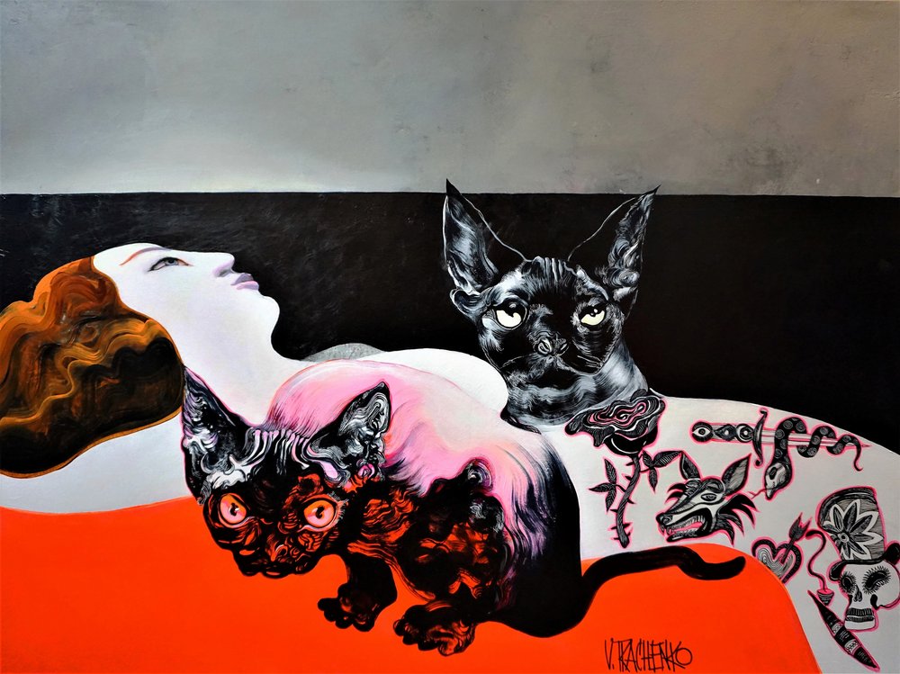 Sphinx Cats and Woman by Victor Tkachenko