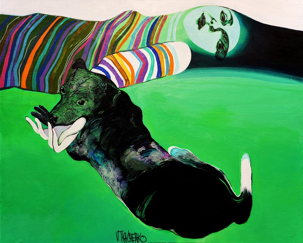 Surreal Dog And Hands by Victor Tkachenko