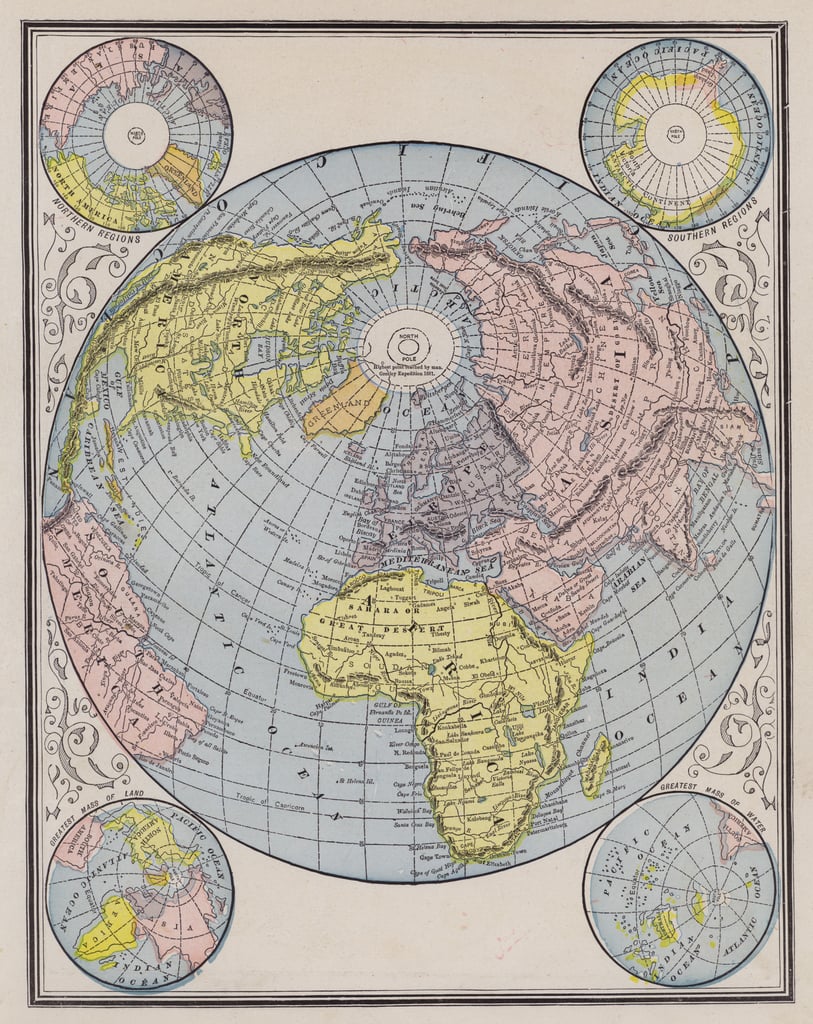 World map showing the continents, polar regions and changes in sea ...