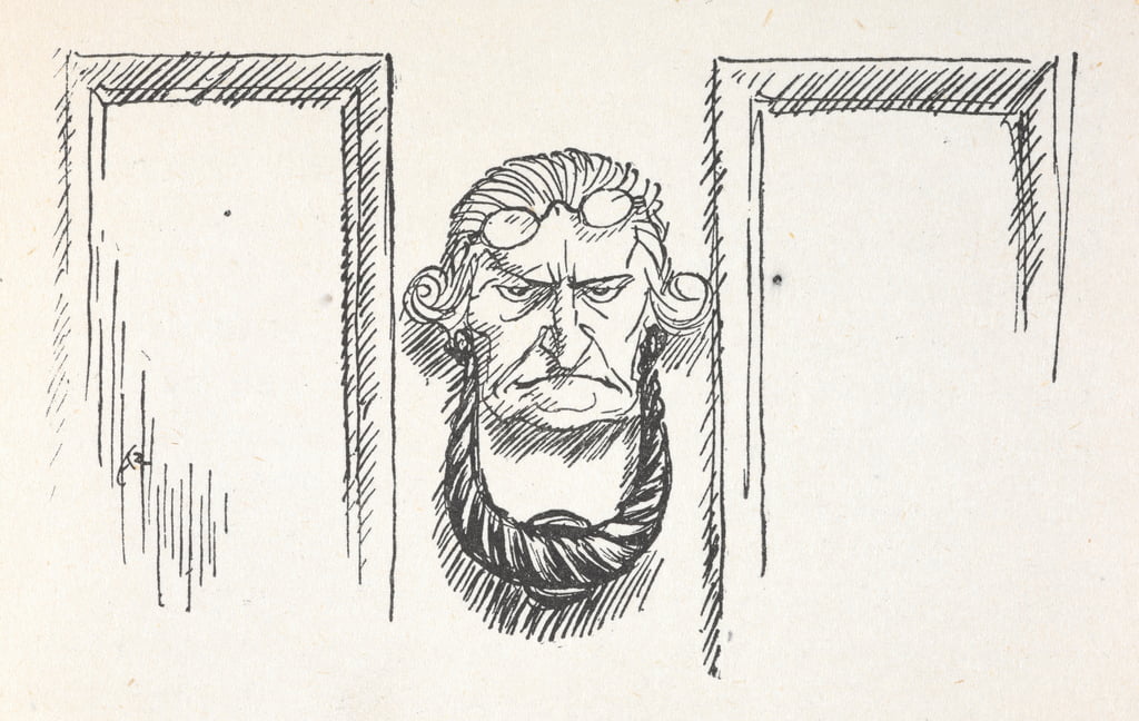 Front door knocker with the face of Scrooge