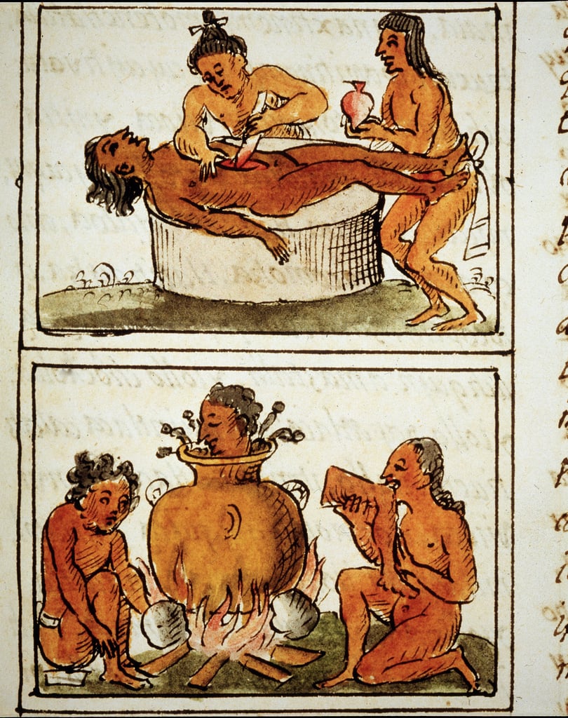 Human sacrifice and cannibalism of the Aztecs. Manuscript by Bernardino  Sahagun