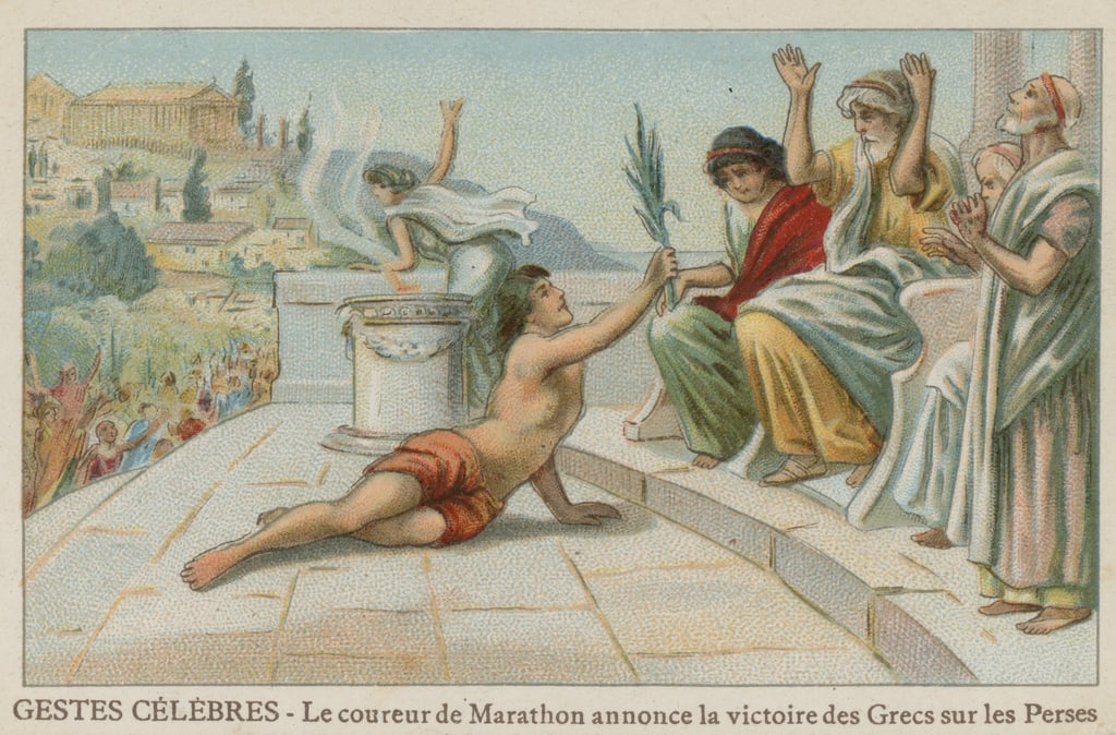 Pheidippides brings news of the victory of the Greeks over the Persians at  Marathon, 490 BC