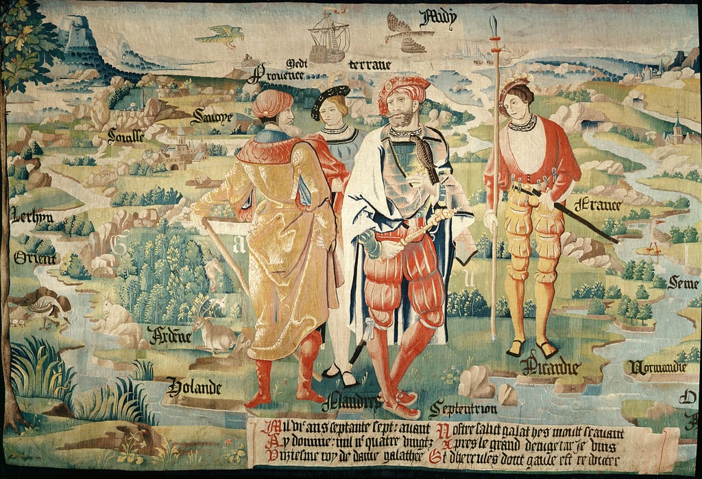 Galathes, 11th King of the Gauls with a map of Gaul behind, detail from 