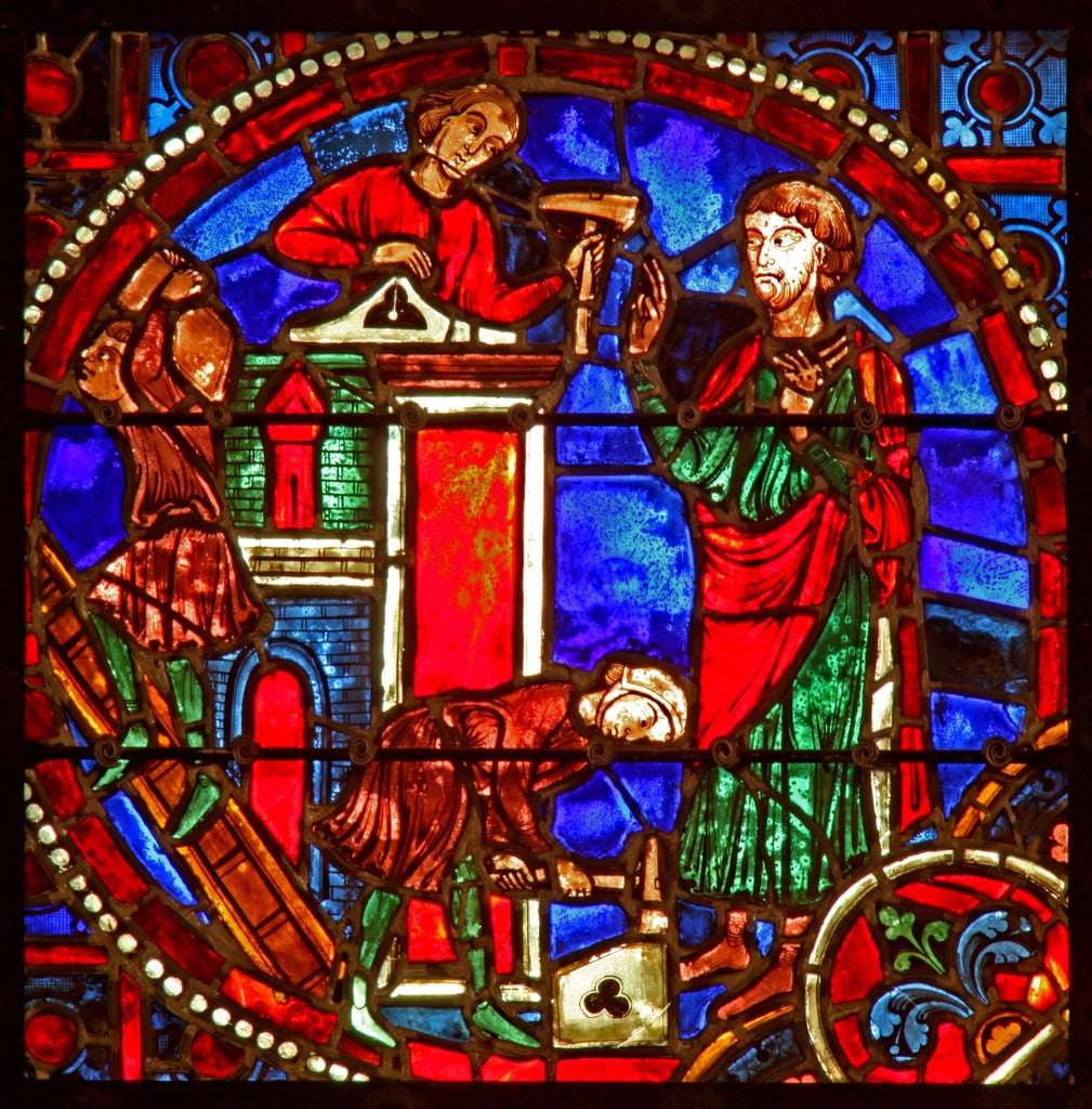 Window w1 depicting a scene from the Theophilus story: the rebuilding