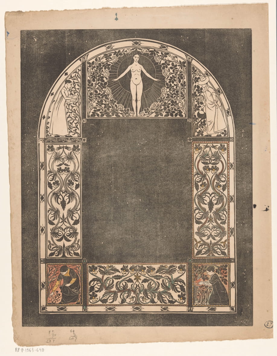 Design for the frame of a calendar for 1901 with women and flowers