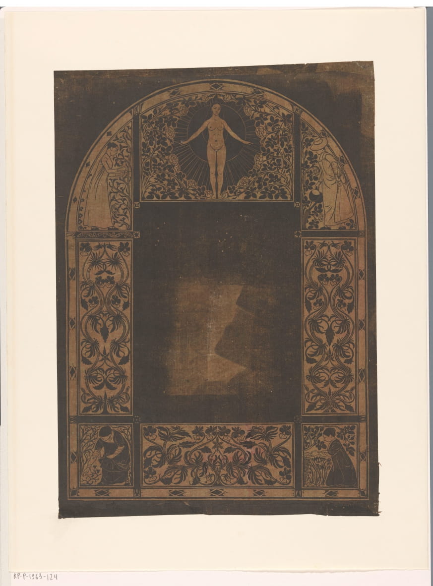Design for the frame of a calendar for 1901 with women and flowers