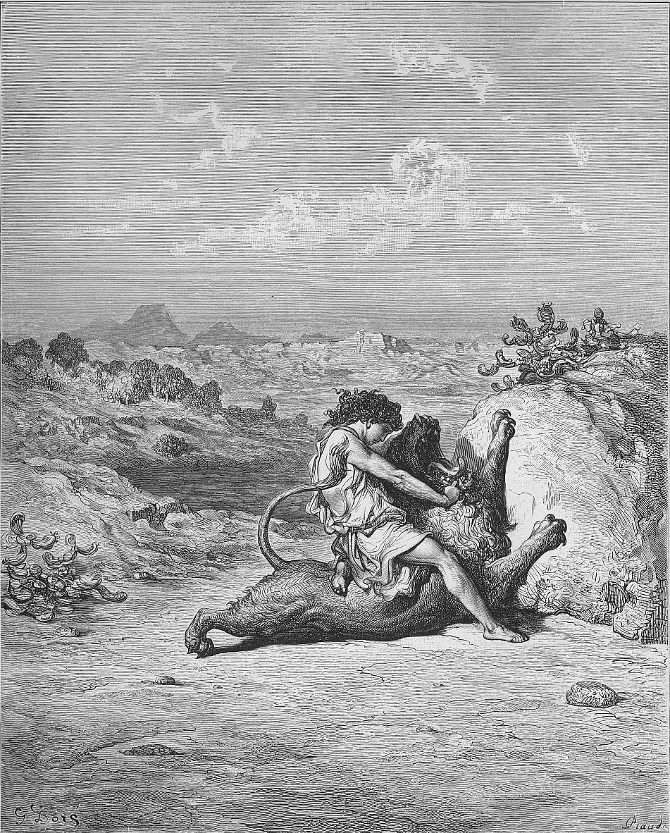 Samson slaying the lion by Gustave Doré, Judges 14:1-7, Bible.Gallery