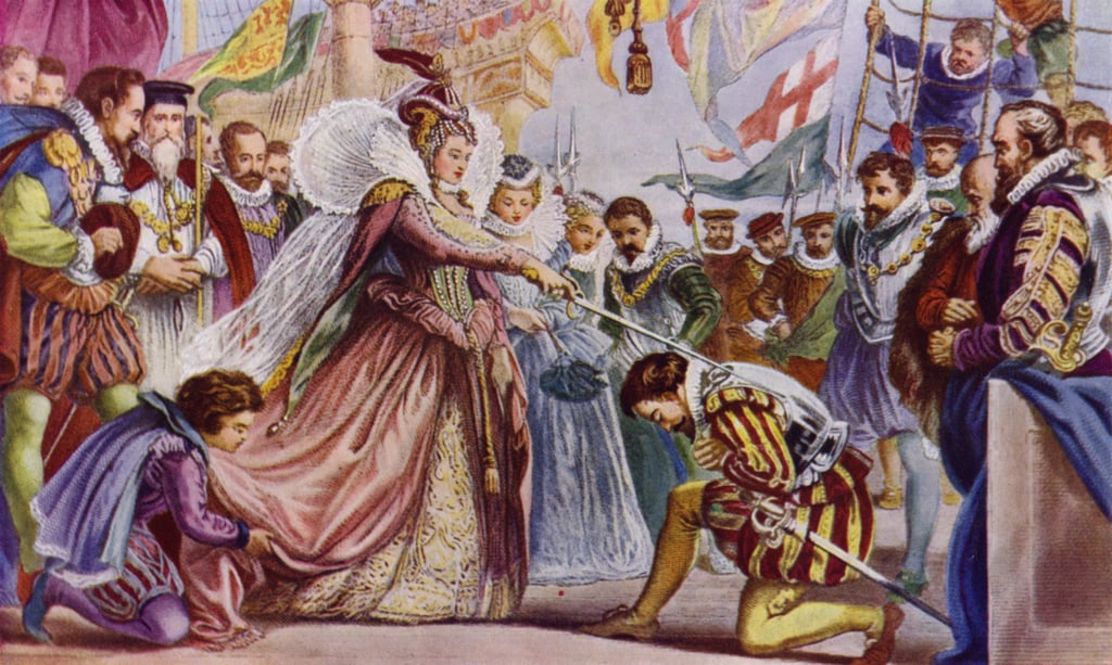 Queen Elizabeth I knighting Sir Francis Drake on biard his ship, the