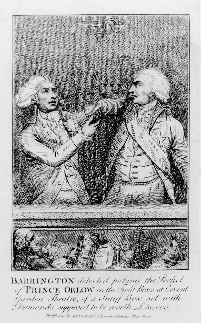 Barrington Detected Picking the Pocket of Prince Orlow in the Front Boxes at Covent Garden Theatre, of a Snuff Box Set with Diamonds Supposed to be Worth 30,000 Pounds, pub. in 1790 by English School