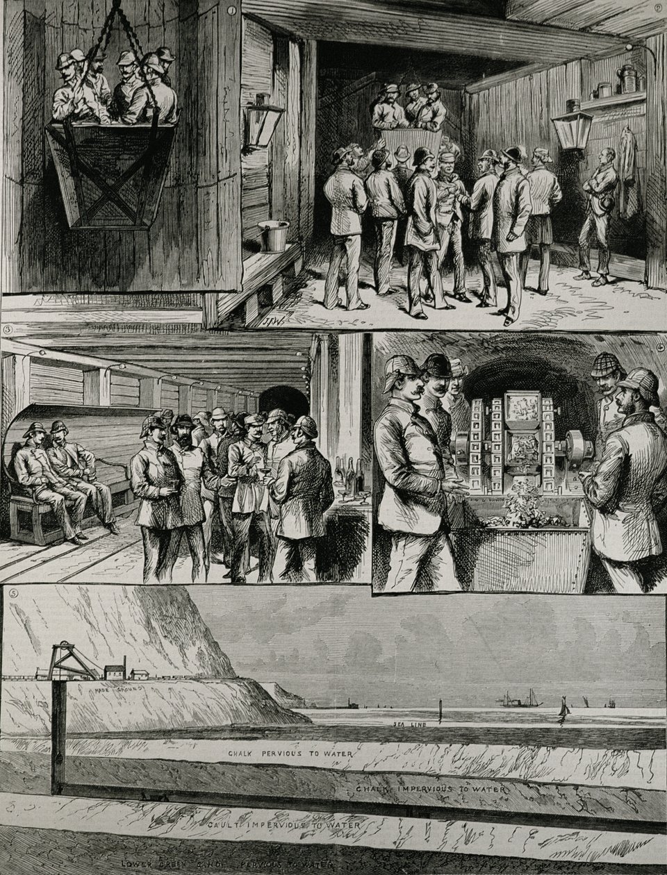 The Channel Tunnel Works at Dover: Going Down in the Cage; Arrival at the Bottom of the Shaft; Swindon Junction; Compressed Air-Boring Machine; Section of Tunnel, from 