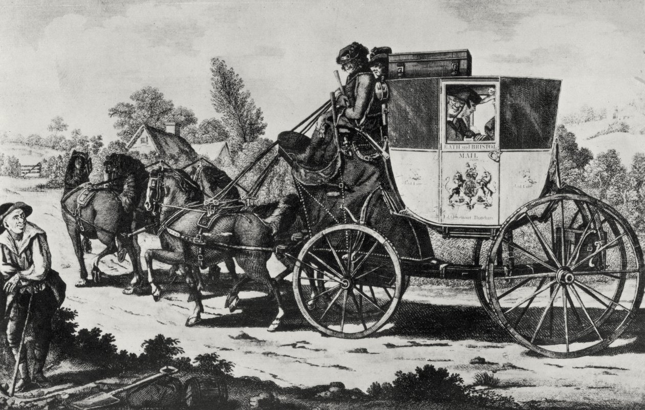 The First Mail Coach, 1784 (engraving) by English School