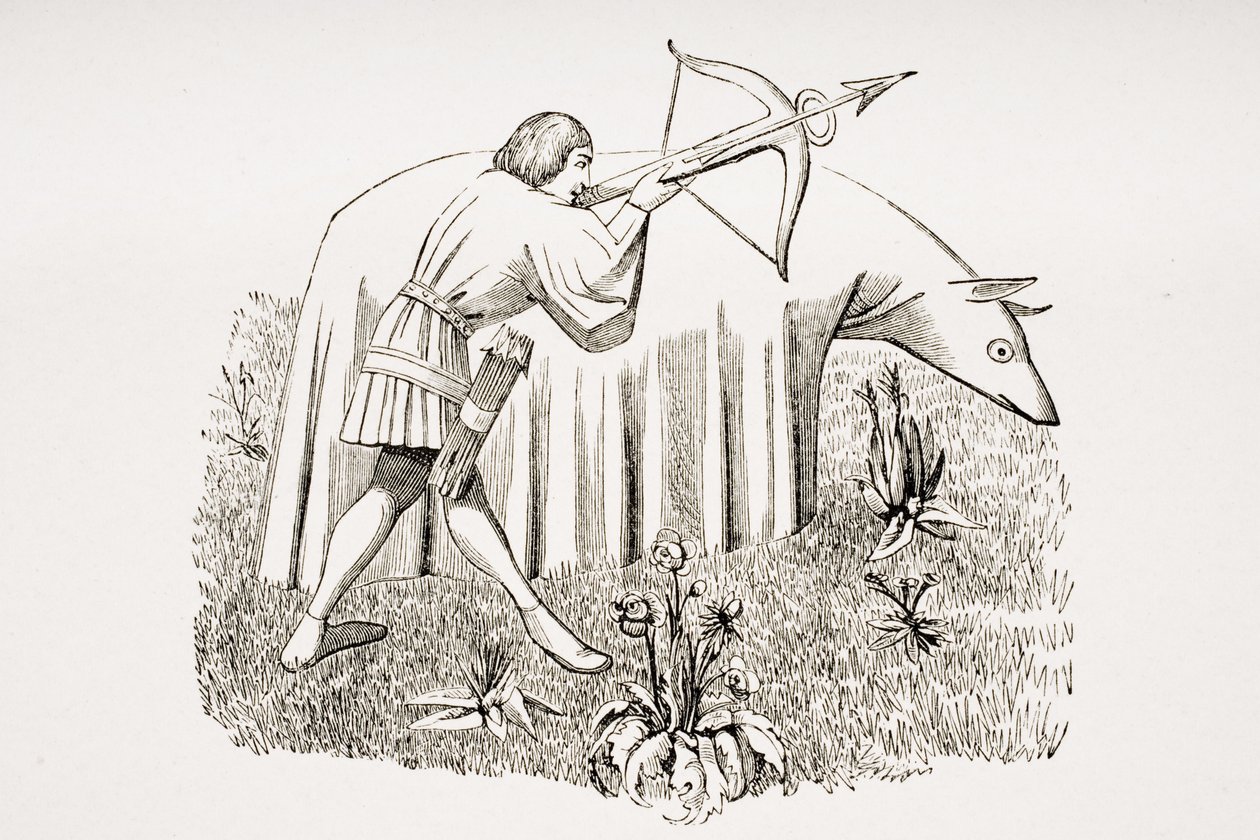 How to Carry a Cloth to Approach Beasts, after a miniature in the 15th century Manuscript of Phoebus, from 