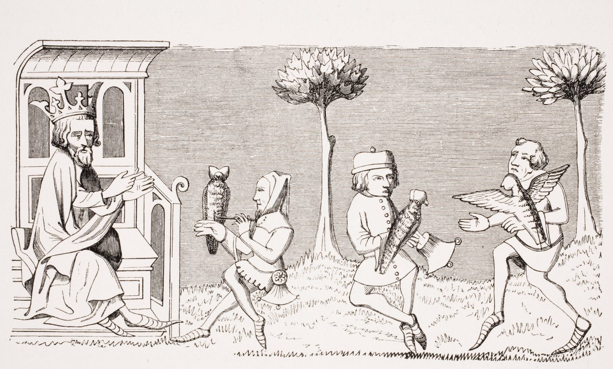 King Modus teaching the art of falconry, reproduction of a miniature in the 14th century manuscript 