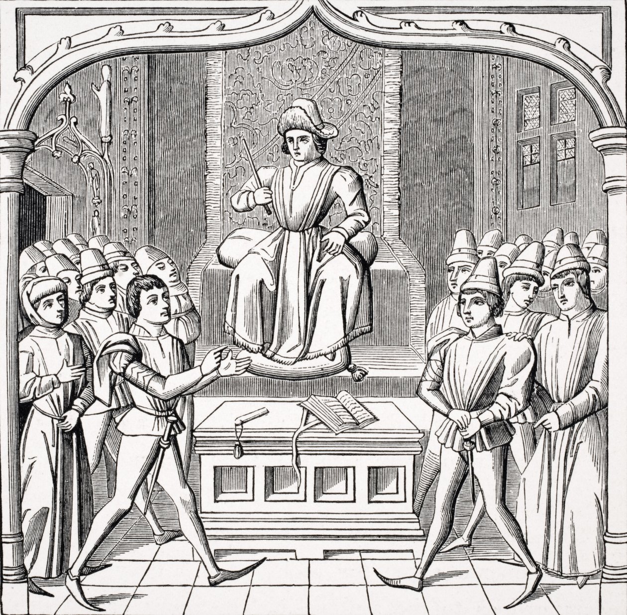 The Judicial Duel - The Plaintiff Opens His Case Before a Judge, after a miniature in the 15th century manuscript 