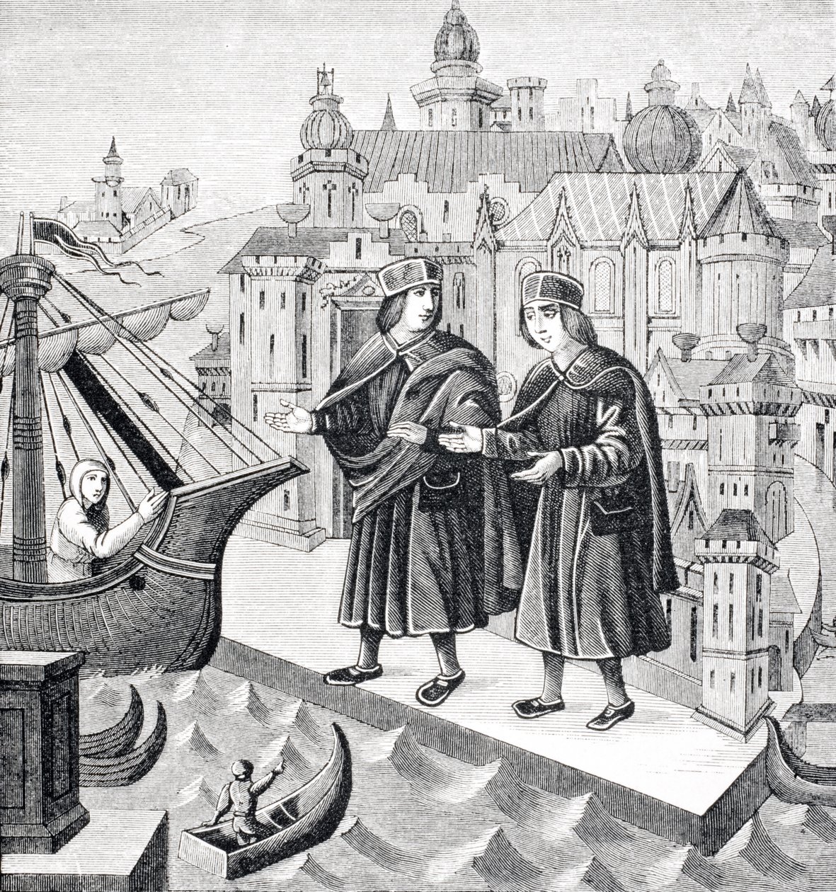 Trade on the Seaports of the Levant, reproduction of a miniature in the 15th century manuscript, 