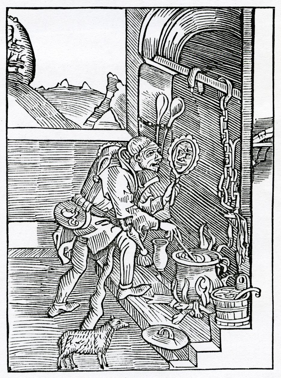 Of folys that stande so well in their owne conceyt that they thinke none so wyse, stronge, fayre, nor eloquent, as they ar themself, illustration from Alexander Barclay
