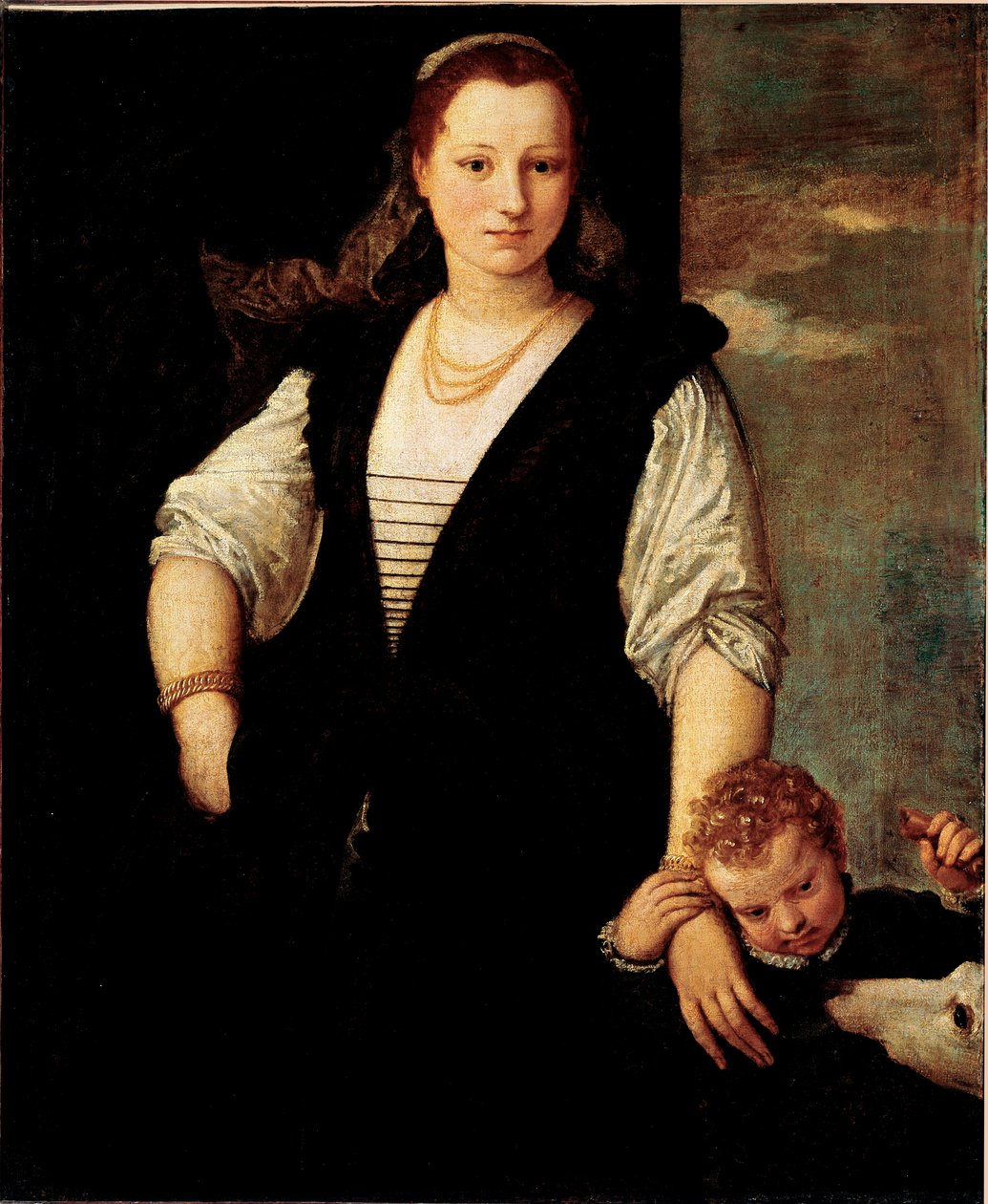 Portrait of a woman with a child and a dog by Veronese