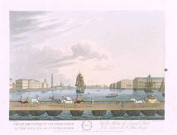 View of the centre of the Great Bridge of the Neva, illustration for August from 