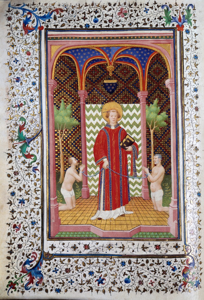 Representation of Saint Leonard, hermit of Limousin, releasing two prisoners. Page of the manuscript 
