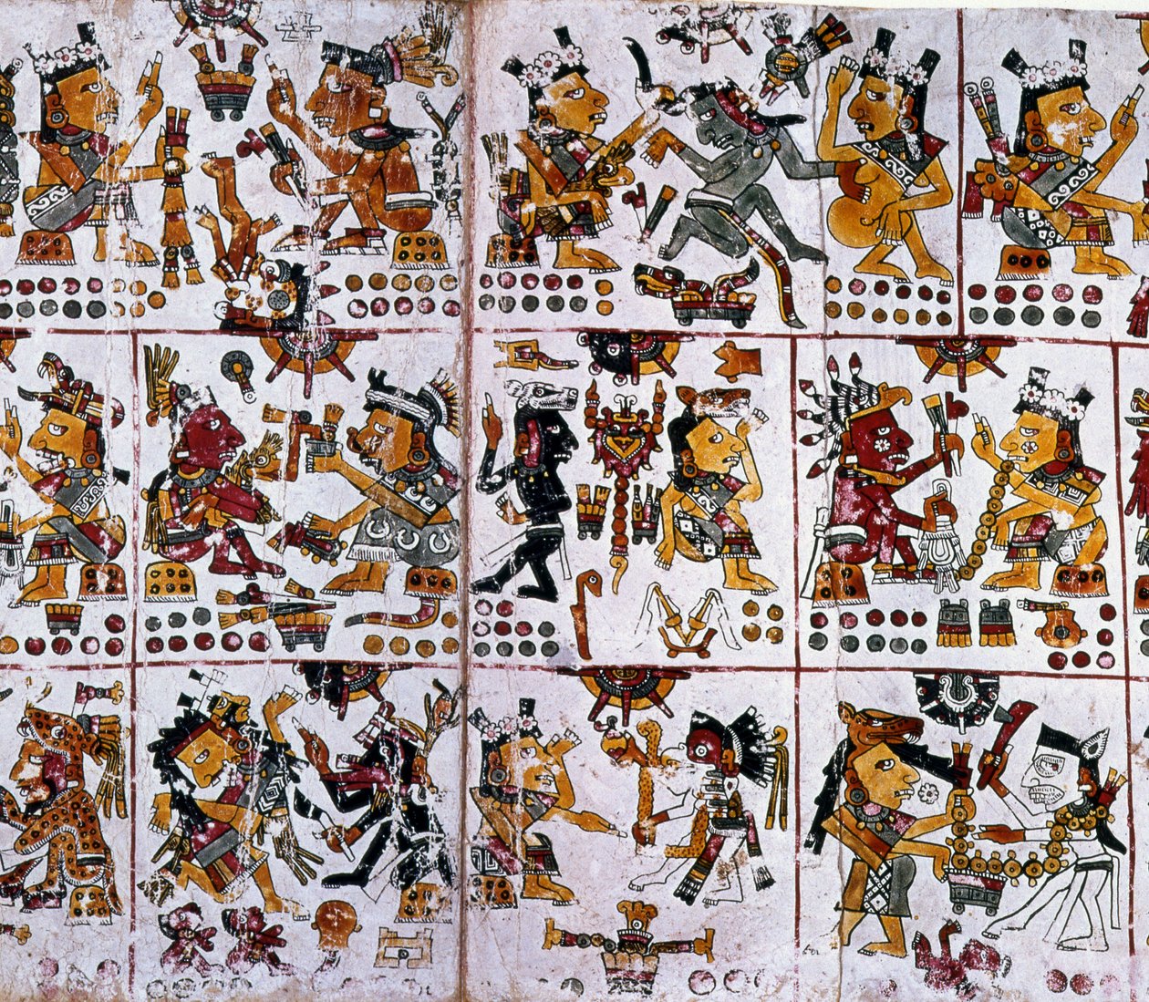 Detail from a Facsimile Copy of a Page of the Codex Borgia Showing Six Couples of Gods Representing Divination for Couples by Unknown