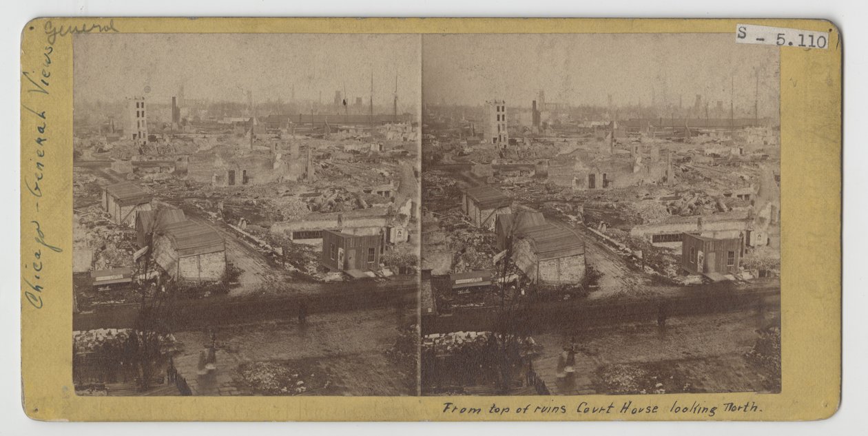 Stereograph of view from the top of the courthouse ruins, looking north, after the Chicago Fire of 1871 by American Photographer