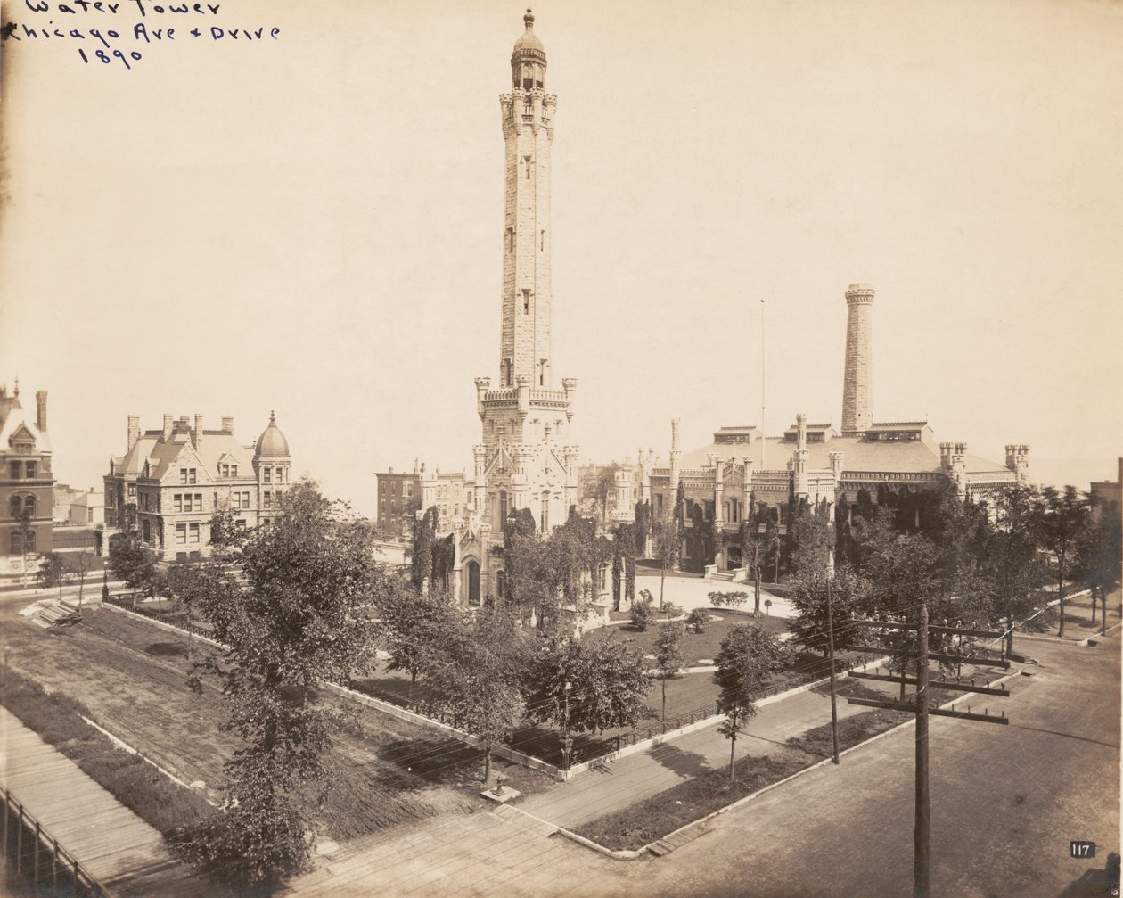 View of the Chicago Avenue Water Tower and Pumping Station, Chicago, 1890 by American Photographer