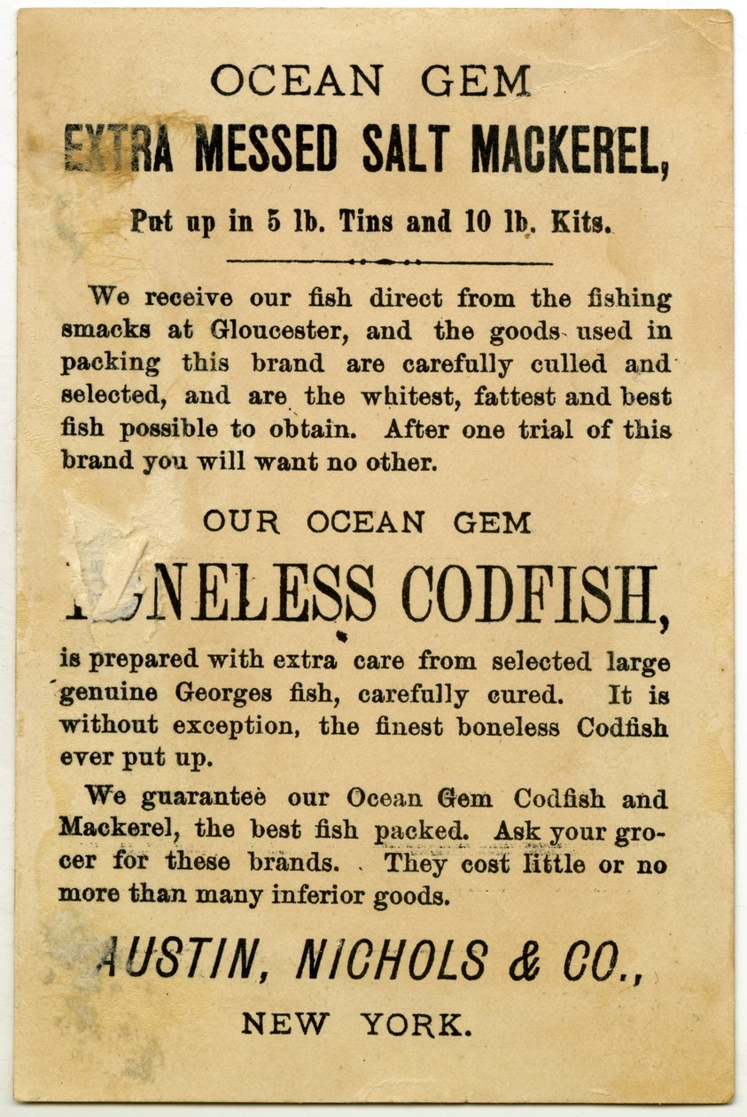 Austin, Nichols & Co. Ocean Gem Mackerel, trade card verso. by American School