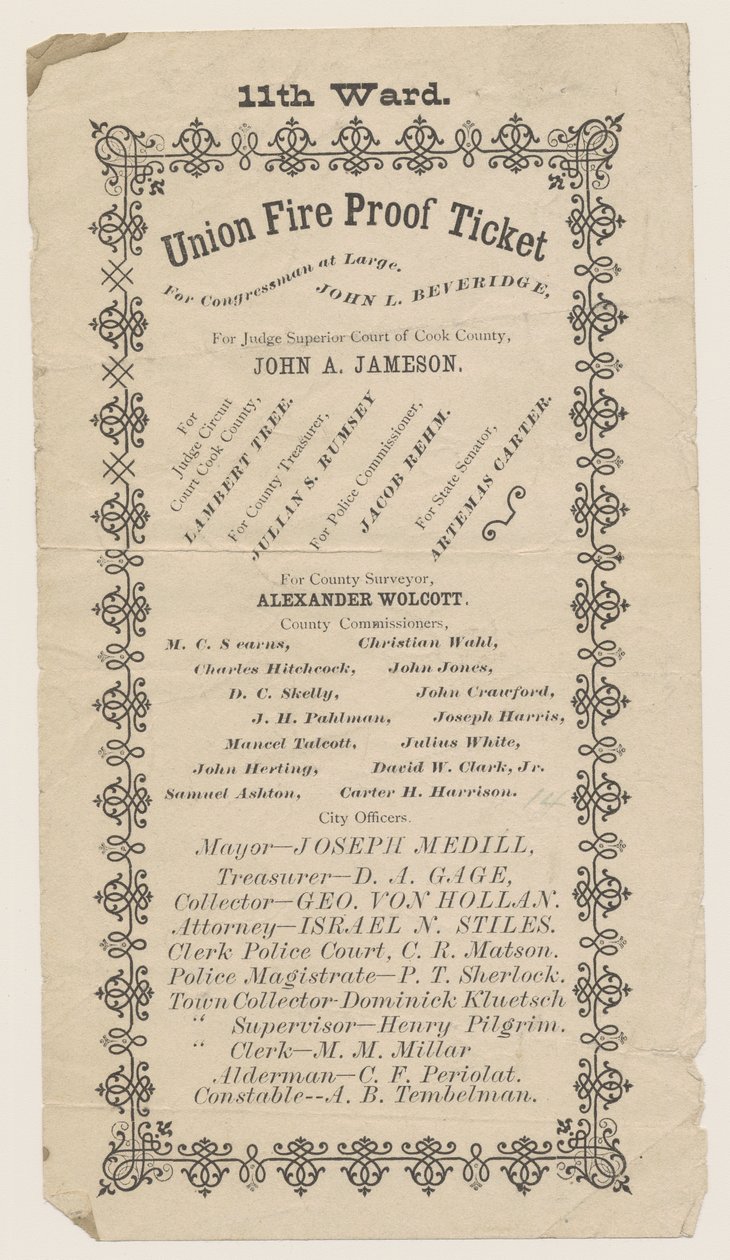Handbill of the 11th Ward Union Fire Proof Ticket, Chicago, 1871 by American School