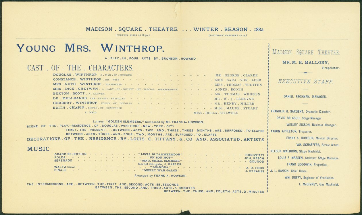 Madison Square Theatre, Winter Season 1882-83, program for Young Mrs. Winthrop. [interior], 1882 by American School