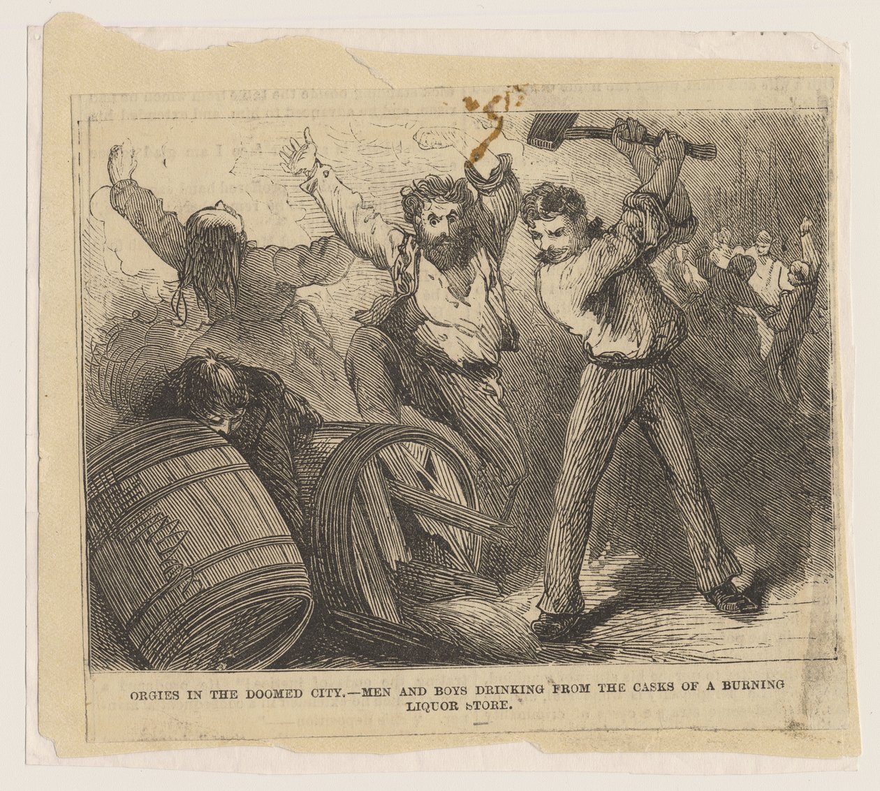 Orgies in the Doomed City - Men and boys drinking from the casks of a burning liquor store, 1871 by American School