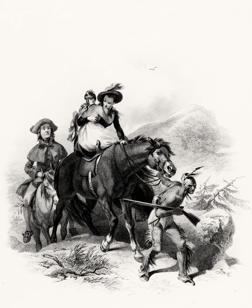Placing Alice on the same horse with Cora, he seized the bridle and commenced his route by plunging deeper into the forest (illustration from Last of the Mohicans by James Fennimore Cooper, 1826) by American School