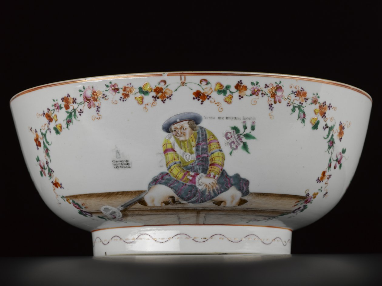 Satirical punch-bowl, depicting a copy of an anti-jacobite engraving, Sauneys Mistake by Chinese School