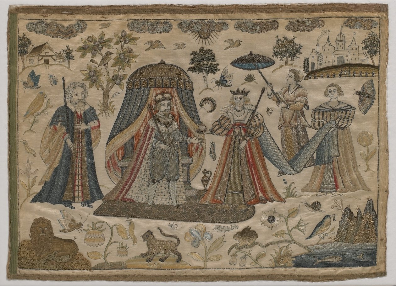 The Meeting of King Solomon and the Queen of Sheba, c.1650 (flat silk embroidery) by English School