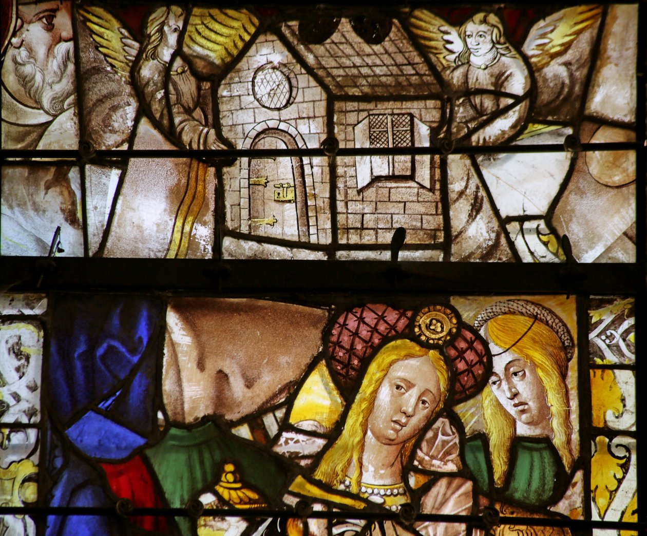 Window depicting Mary Magdalene (fragmentary) and La Maison de Lorette transported by Angels by French School