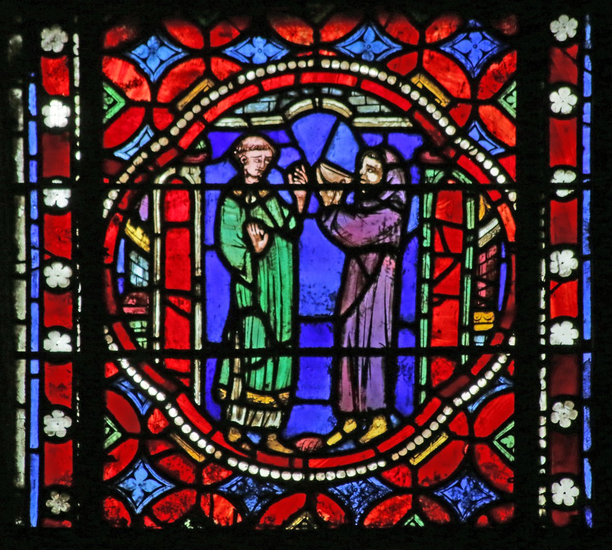 Window depicting Scene from the life of Saint Bonnet: Saint on the Journey to Rome receiving Refreshments from the Abbot of the Monastery on Isle Barbe by French School