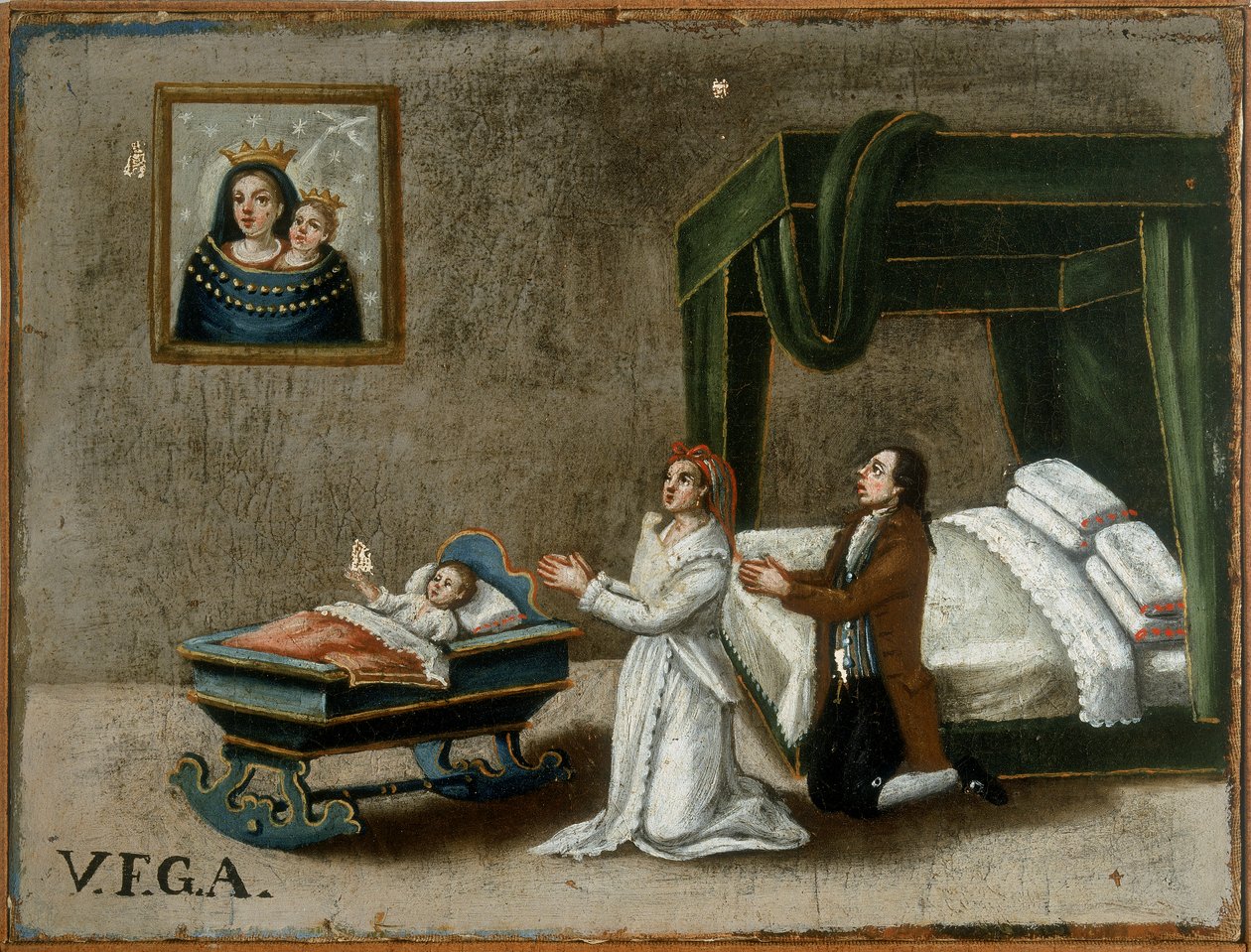 Parents Praying for Grace for Their Daughter in the Crib, Ex-voto by Italian School