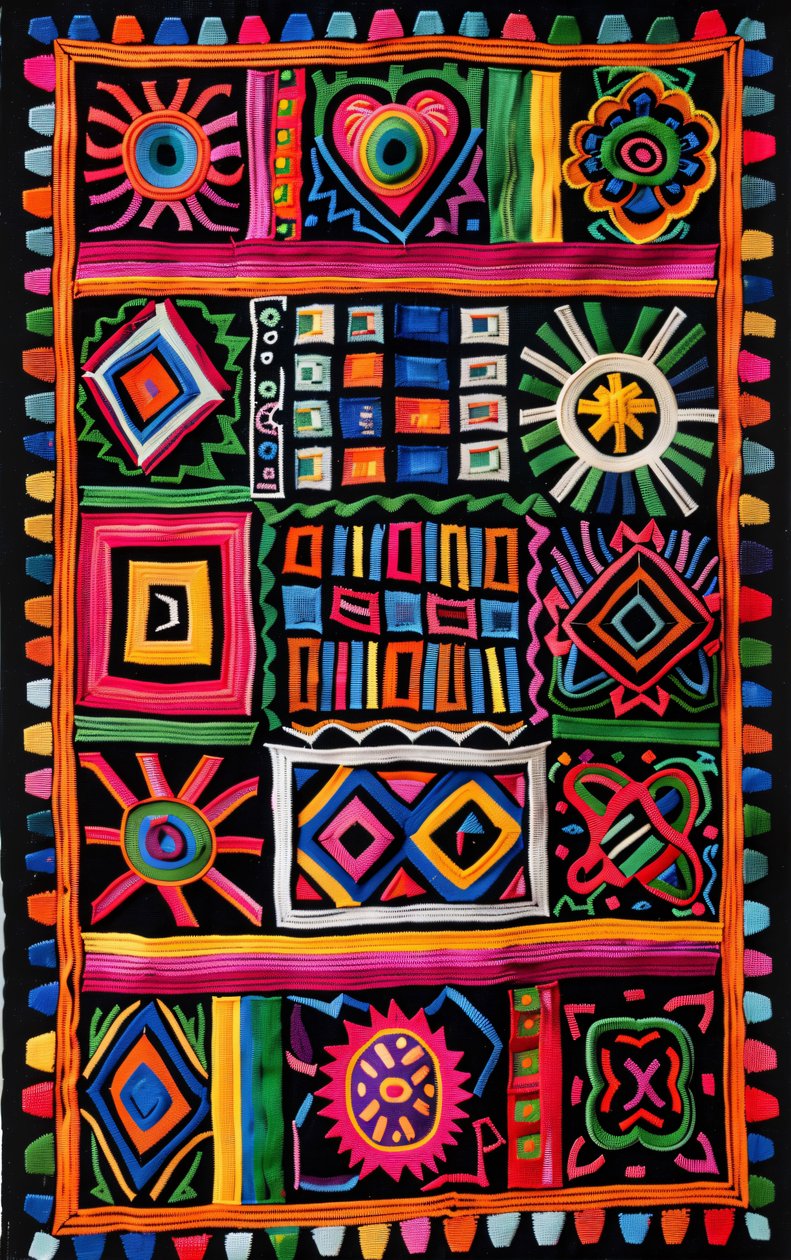 Colorful traditional naive rug pattern by F. Abderrahim