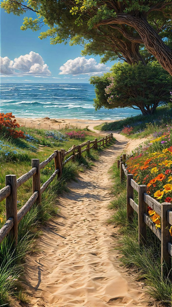 A Sandy Path Leads to a Beautiful Beach with a Wooden Fence and Colorful Flowers by F. Abderrahim
