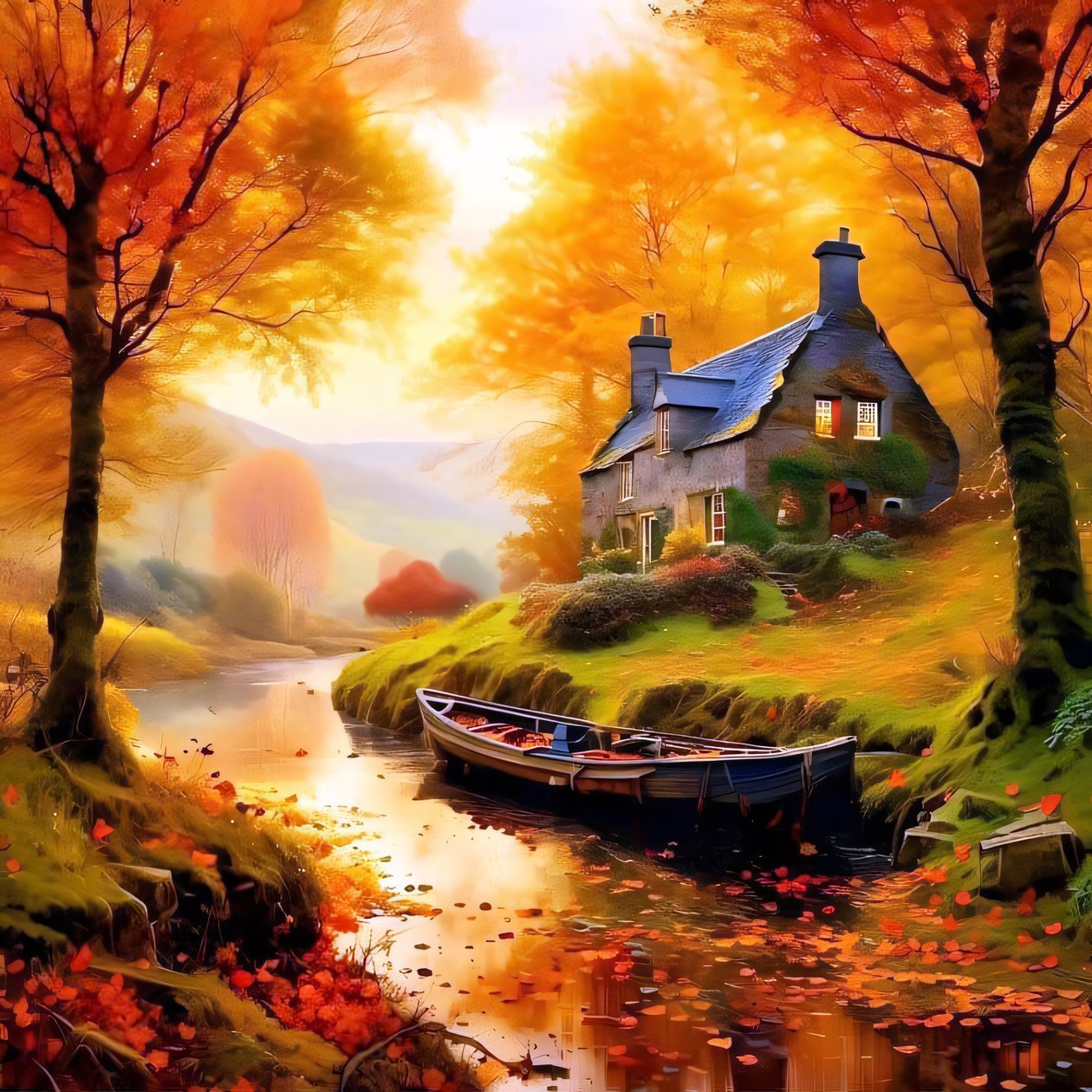 Cabin in the woods with a stream, autumn landscape by F. Abderrahim