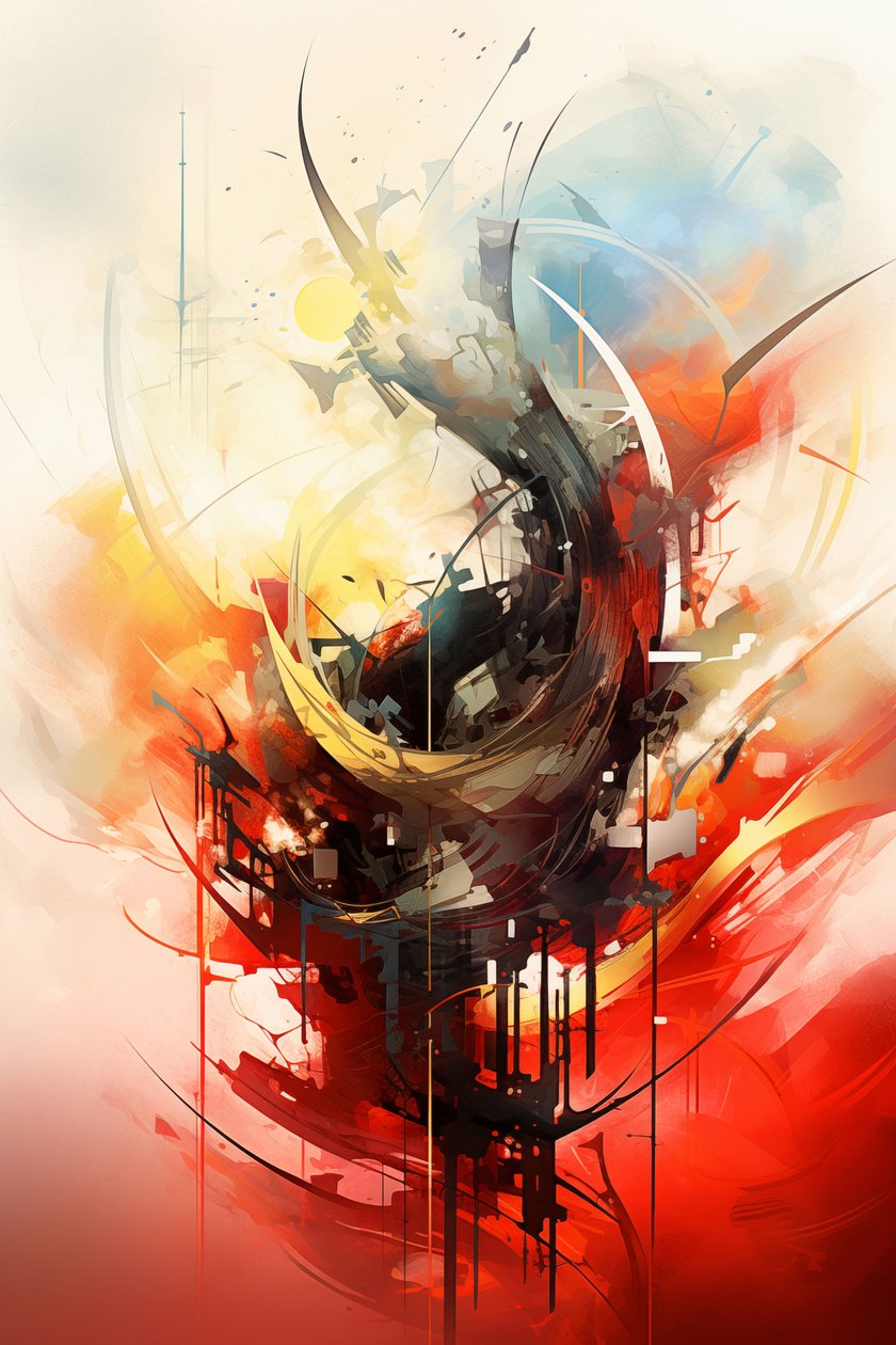 Abstract painting of a colorful design, orange & blue colors by F. Abderrahim