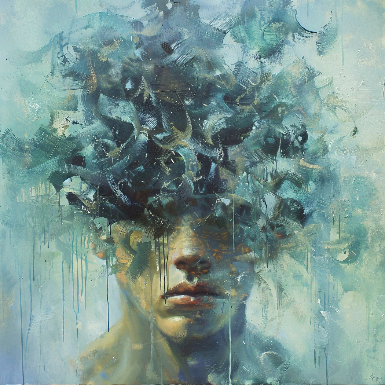Man Expressing Deep Sadness, Psychology Art Painting by F. Abderrahim