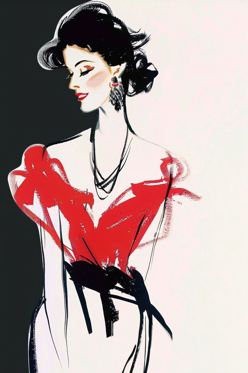 Paris Fashion, Red & Black Dress, French Lady Posing Makeup by F. Abderrahim