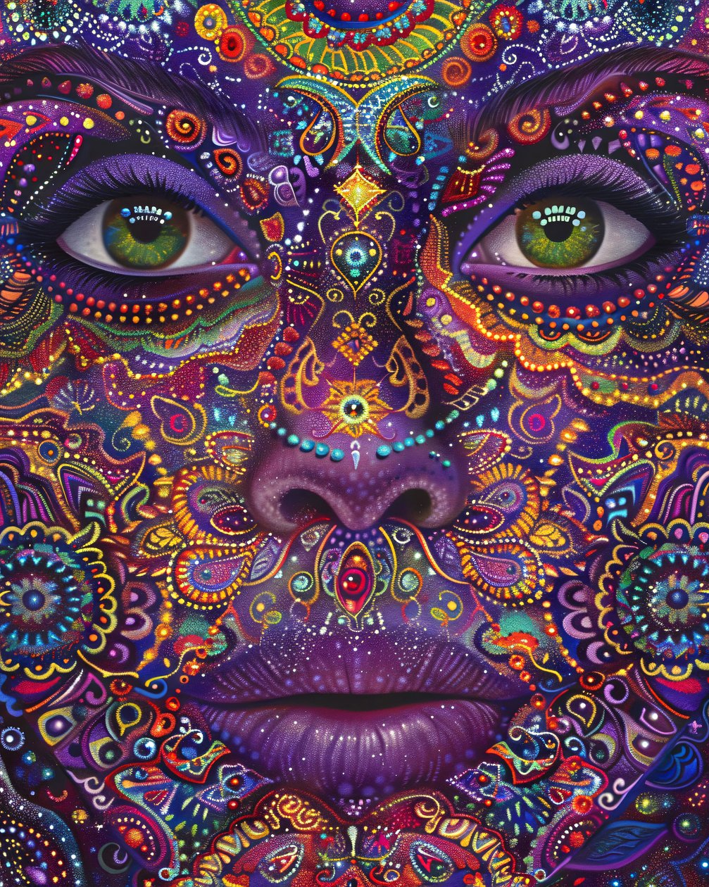 Psychedelic Woman with Colorful Face, Spiritual & Mandala Patterns by F. Abderrahim