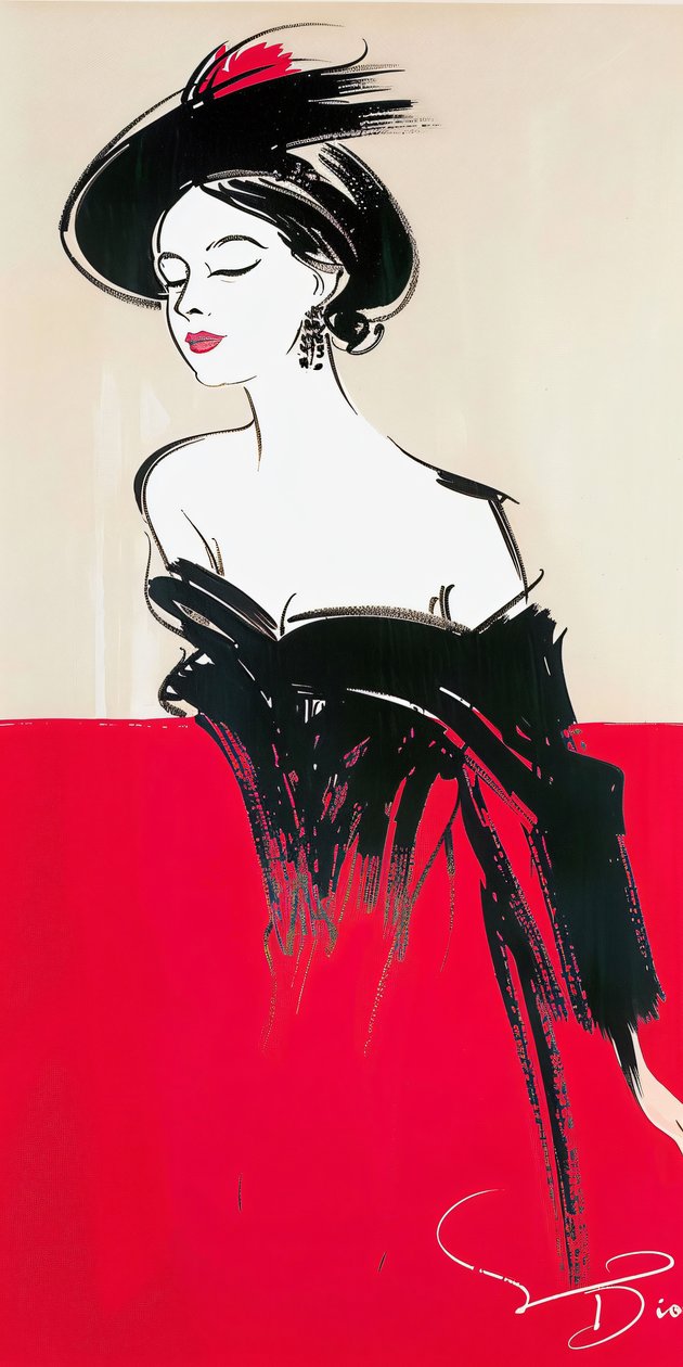 Woman Posing with Makeup, Red & Black Dress, 60s Fashion by F. Abderrahim