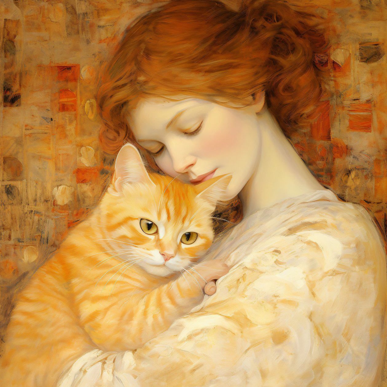Young Woman Hugs Her Kitten in the Bloch Bauer Style by F. Abderrahim