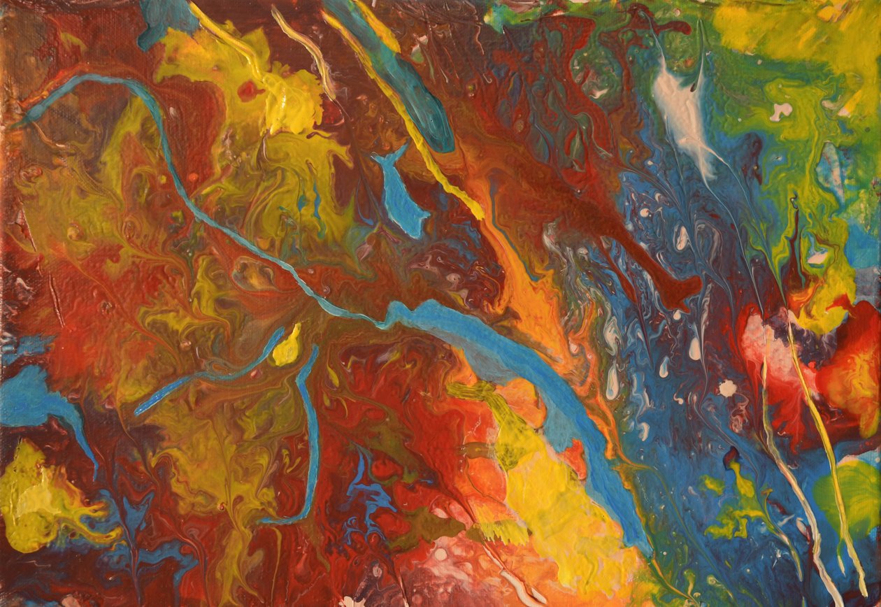 Abstract Acrylic Pour in Red, Blue, Yellow by Albert Mansour