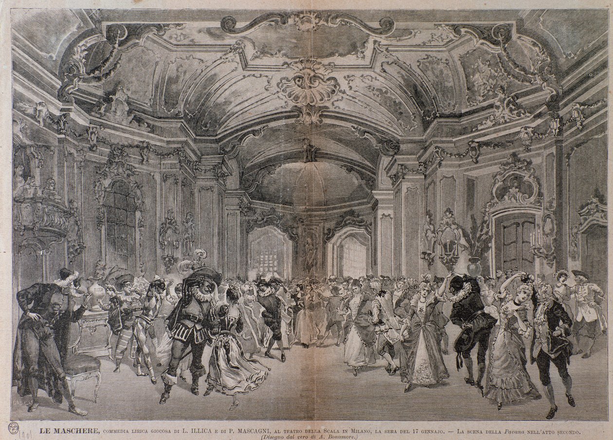 Illustrations for the opera Le Maschere by Pietro Mascagni for the performance at the Teatro alla Scala in Milan by A. (after) Bonamore