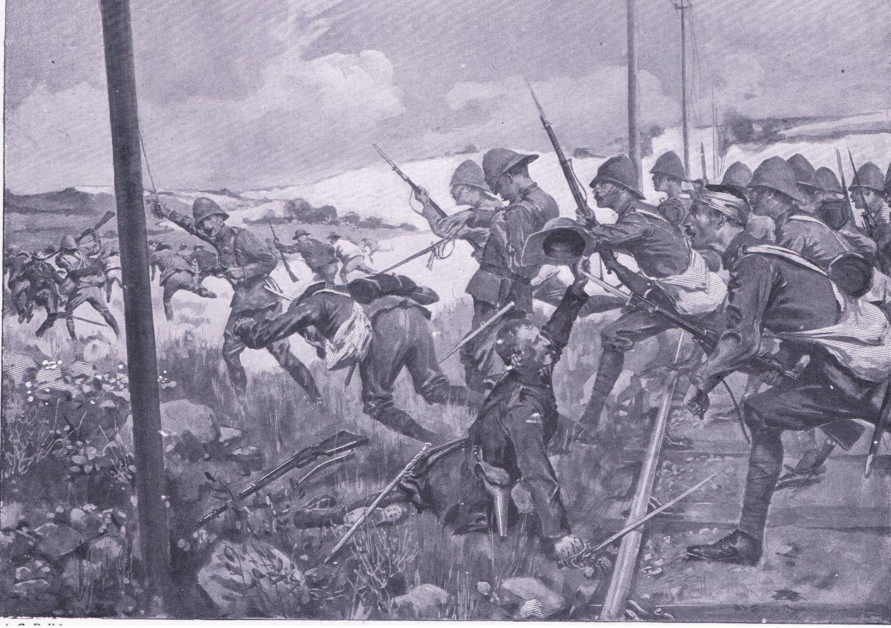 Charge of the Scots Fusiliers at Frederikstad (illustration from After Pretoria: The Guerilla War, 1902) by A. C. Ball