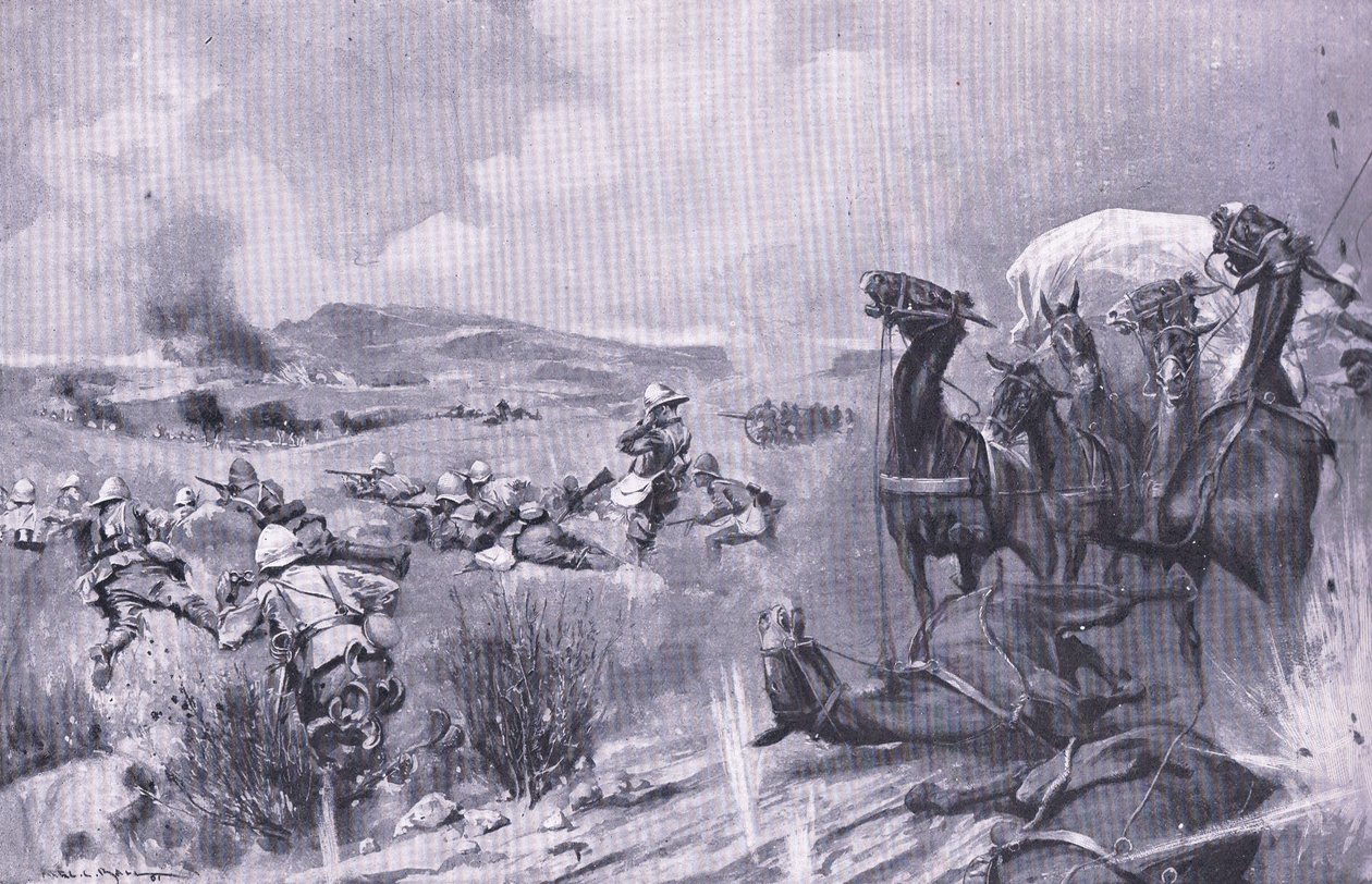 The attack on the convoy at Buffelspoort (illustration from After Pretoria: The Guerilla War) by A. C. Ball