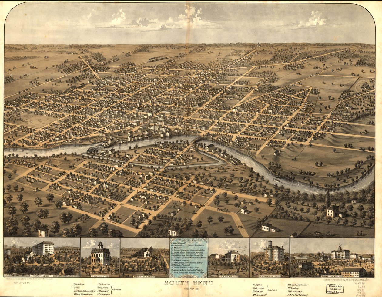 South Bend, Indiana 1866 by A.; Chicago Lithographing Co. Ruger